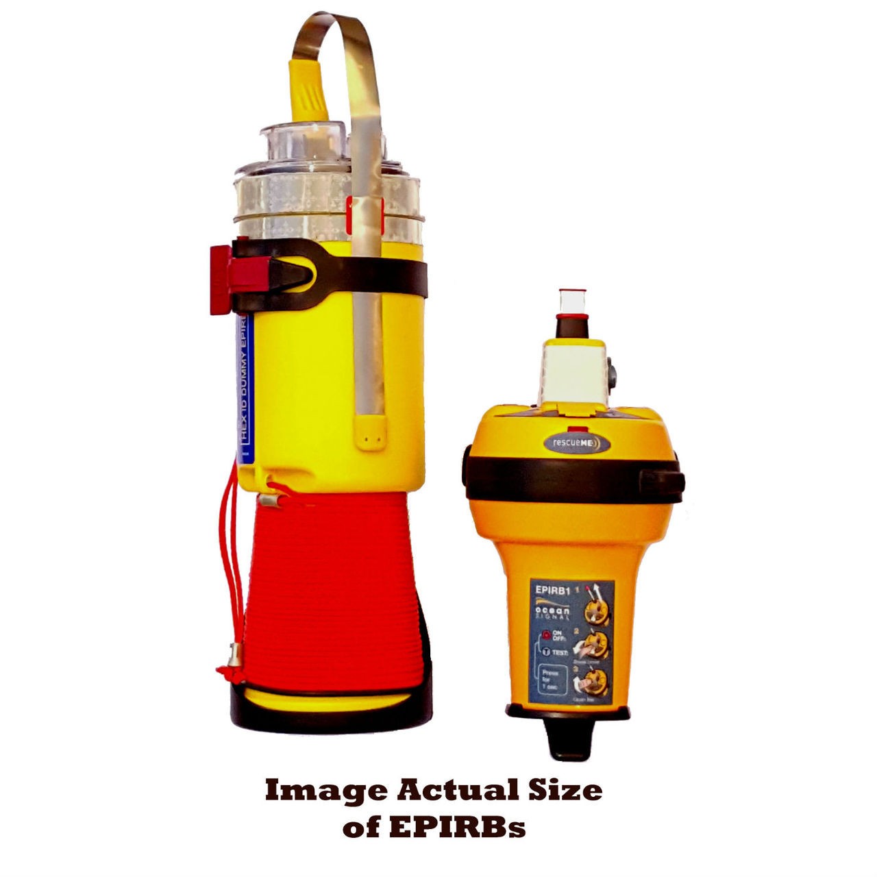 Image of the rescueME EPIRB in comparison with the KTi 406MHz EPIRB. Image of actual size in relation to each other.